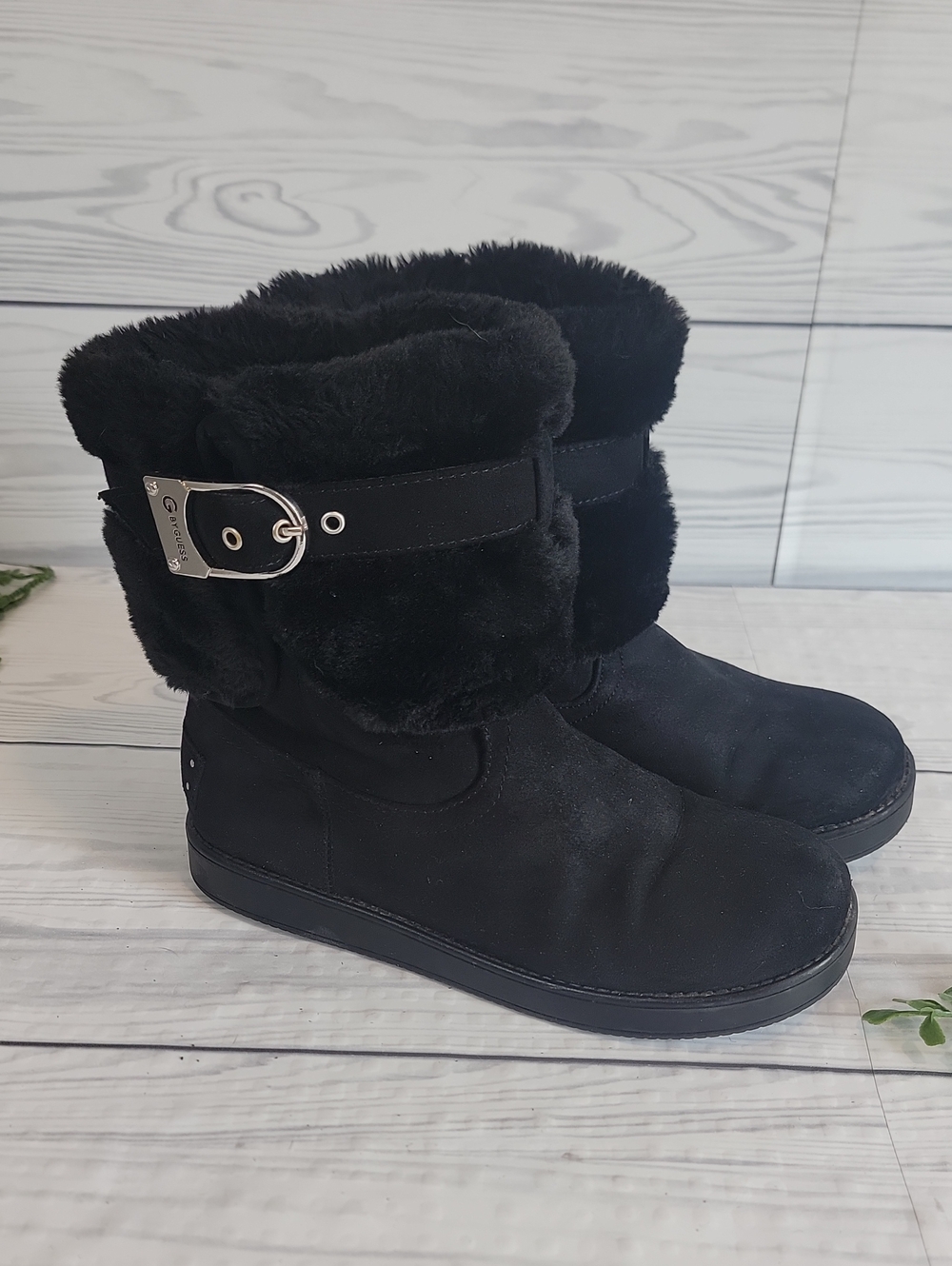 G by Guess Black Faux Fur Winter Ankle Boots with Buckle Womens Size 6